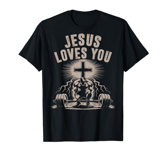 Jesus Loves You Funny Christian Workout Gym Barbell Cross T-Shirt