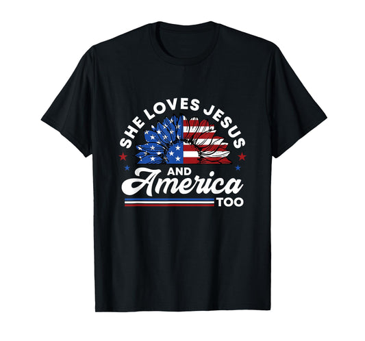 She Loves Jesus And America Too Christian Patriot Sunflower T-Shirt