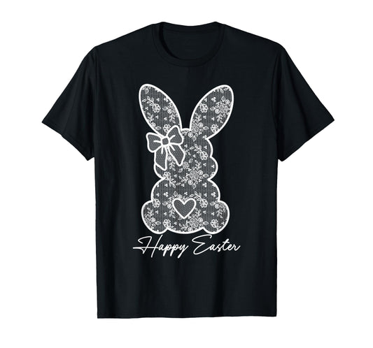 White Lace Bunny Coquette Bow Happy Easter Women Girl T-Shirt