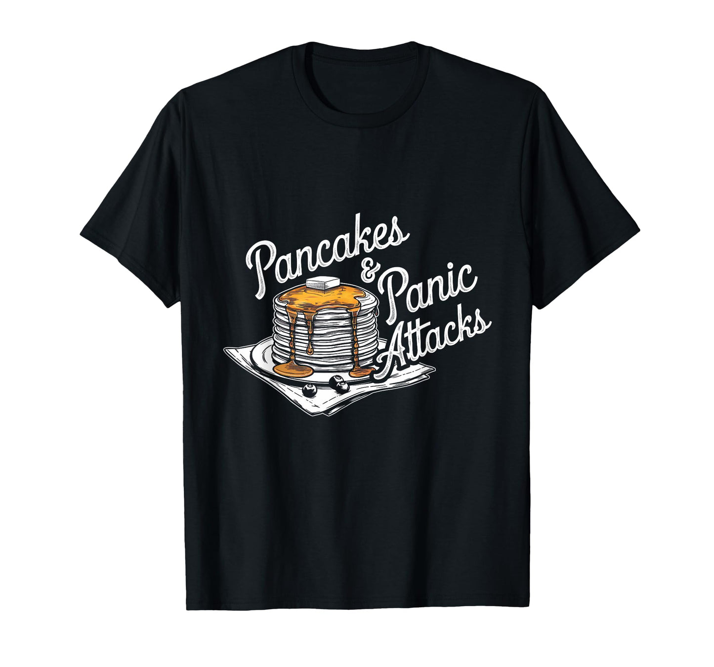 Pancakes & Panic Attacks Tee - Unisex Adults - Black - Small - Short Sleeve - Modern Cartoon Humor - T-Shirt
