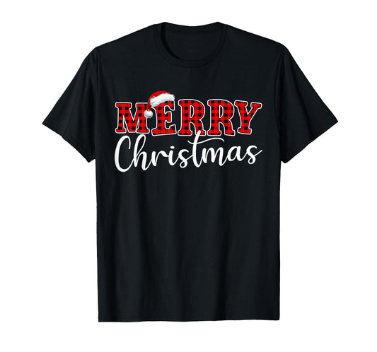Merry Christmas Buffalo Plaid Red Santa Hat Xmas Pajamas T-Shirt