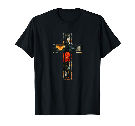 Elegant Silhouette Flowers Faith Floral Christian Cross T-Shirt