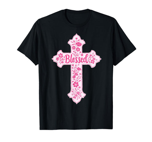 Christian Faith Cross Pink Toile Chinoiserie Floral T-Shirt