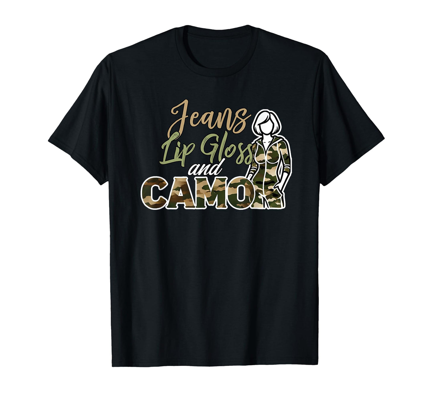 Jeans Lip Gloss and Camo Camouflage Graphic Jumpsuit T-Shirt