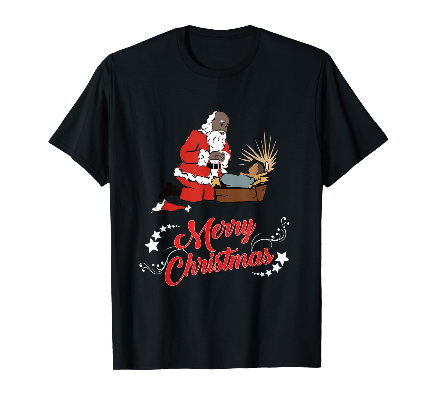 Dark Skin Santa Kneeling And Praying At The Feet Of Jesus T-Shirt