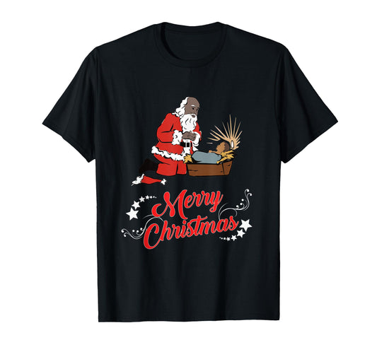 Dark Skin Santa Kneeling And Praying At The Feet Of Jesus T-Shirt