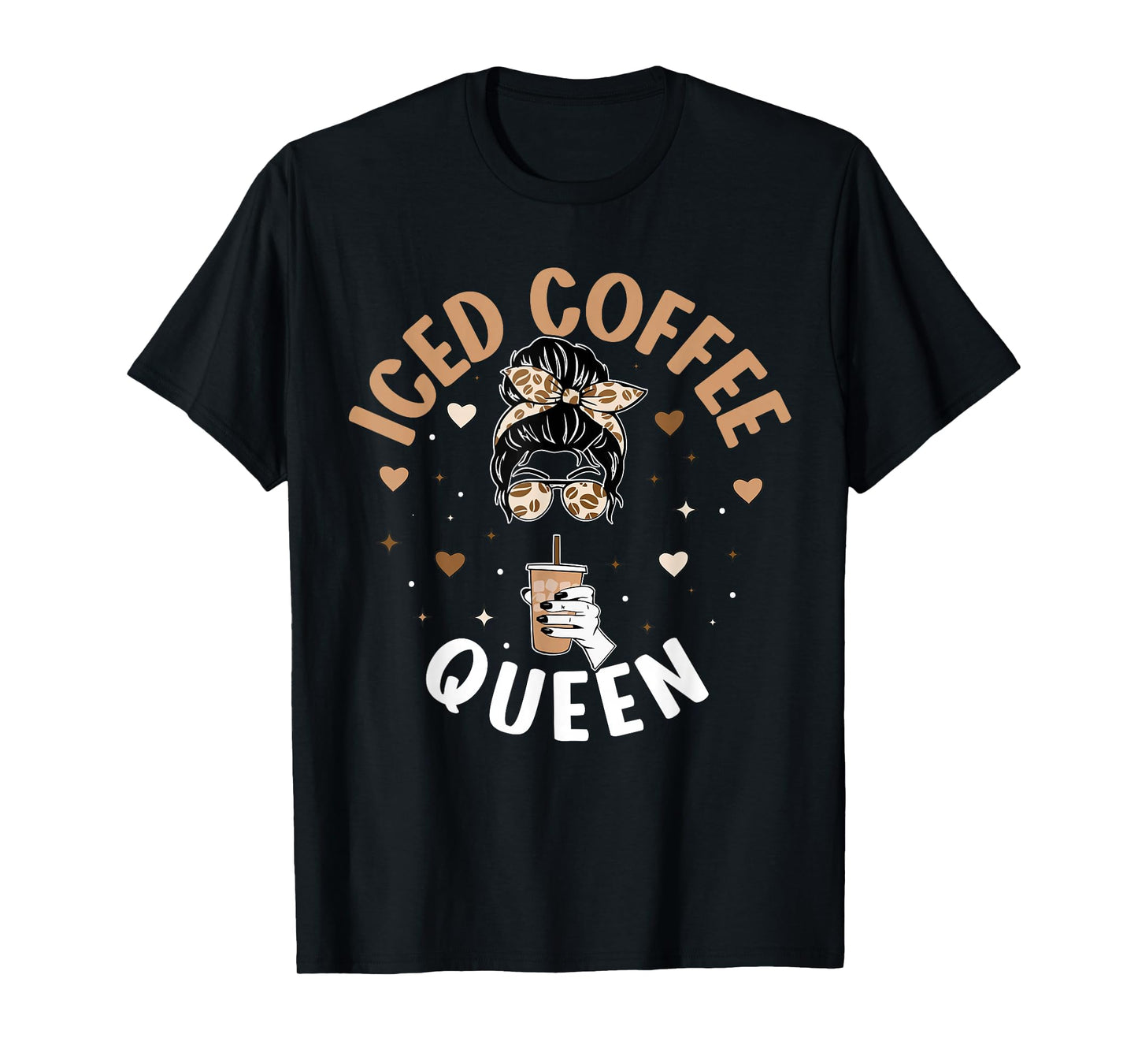 Iced Coffee Queen Women Messy Bun Cold Brew Coffee Quote T-Shirt