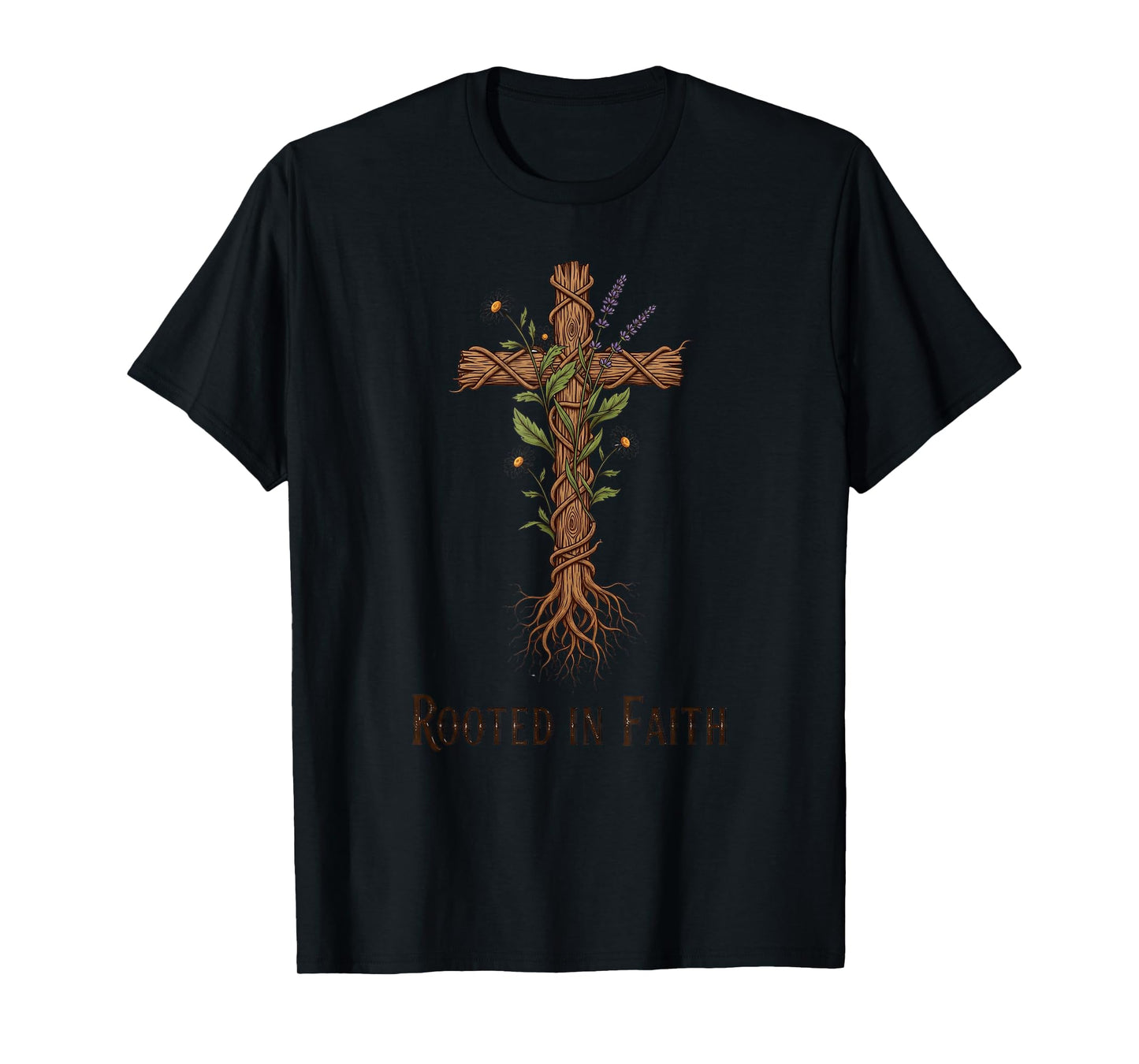 Rooted in Faith Vintage Christian Cross Wildflower Botanical T-Shirt