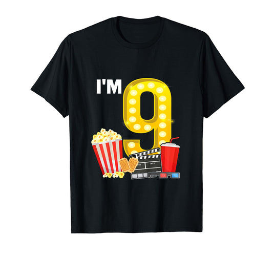 9th Birthday Movie Night Popcorn 9 Years Old Cinema T-Shirt