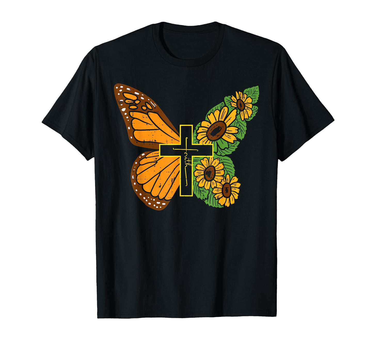 Butterfly Sunflower Cross Faith God Jesus Christian Women T-Shirt