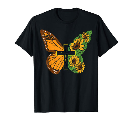 Butterfly Sunflower Cross Faith God Jesus Christian Women T-Shirt