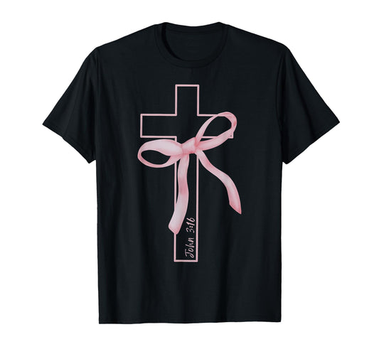 Coquette Christian Pink Bow Cross John 3:16 Bible Verse T-Shirt