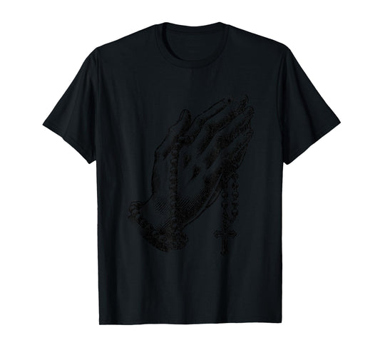 Catholic Rosary Beads Praying Hands Christian Religion T-Shirt, Small, Grey
