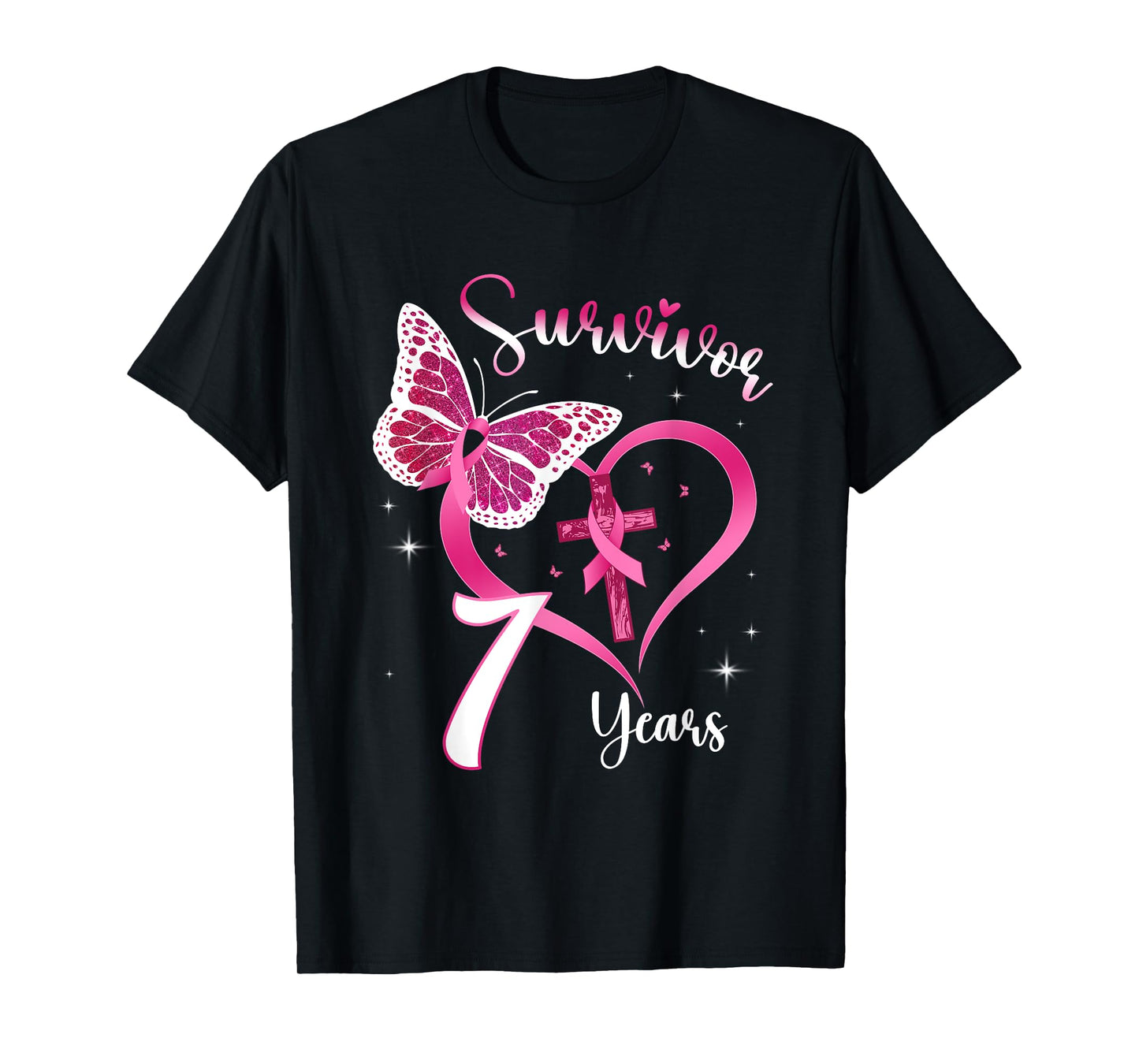 Breast Cancer Survivor Pink Ribbon Butterfly 7 Years Gift T-Shirt