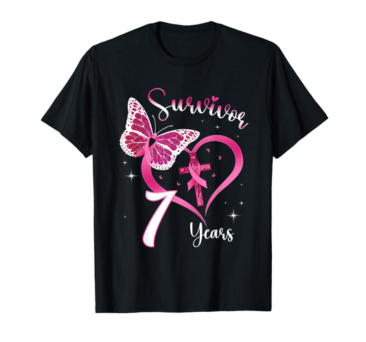 Breast Cancer Survivor Pink Ribbon Butterfly 7 Years Gift T-Shirt