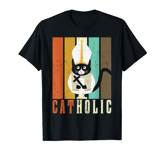 Funny Catholic T Shirts, Cat-holic Cat Lover Retro Vintage T-Shirt