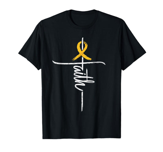 Faith Childhood Cancer Awareness Cross Christian Gold Ribbon T-Shirt