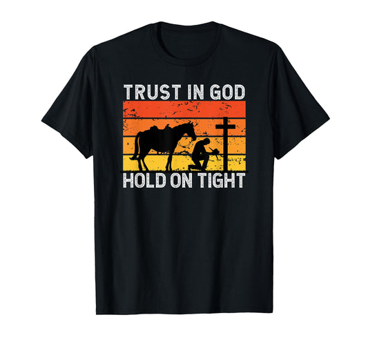 Christian Cowboy Gifts Apparel Unisex-Adults Black Cotton Blend Short Sleeve T-Shirt Small Trust In God Hold Tight Cowboy Kneeling At Cross Jesus Christian Cowboy T-Shirt