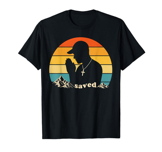Saved Christian Baptism Party Mens Retro Church Prayer Hands T-Shirt