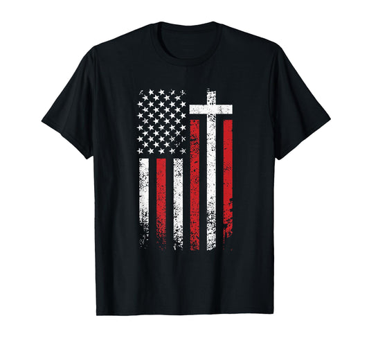 American Flag Cross Christmas Patriotic Religious Christian Women Kids Men T-Shirt