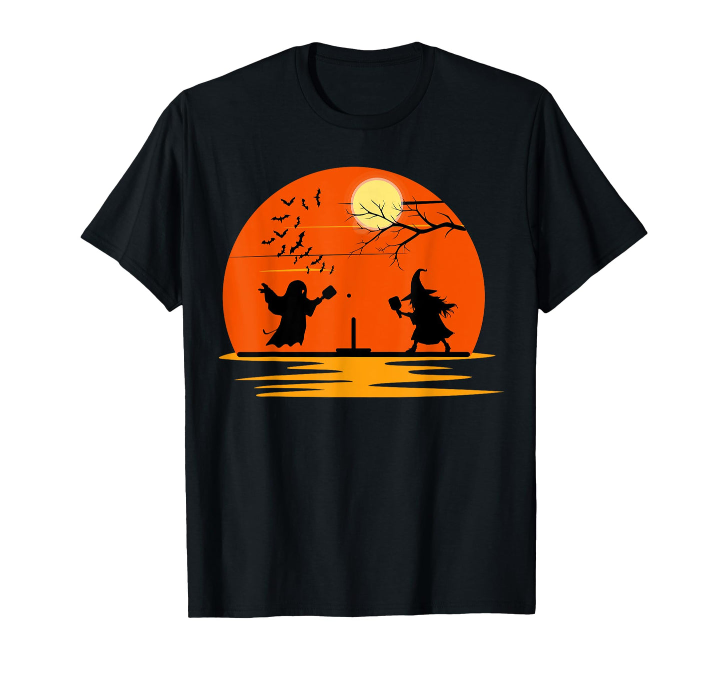 Ghost and Witch Playing Pickleball Halloween Costume Sunset T-Shirt