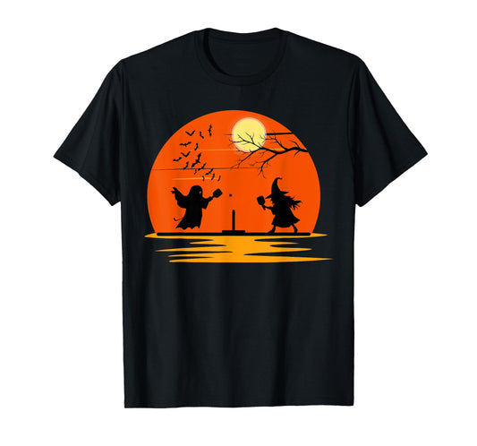 Ghost and Witch Playing Pickleball Halloween Costume Sunset T-Shirt