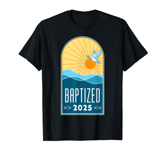 Christian Baptism Sunrise Line Art Baptized 2025 Religious T-Shirt