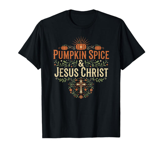 Pumpkin Spice and Jesus Christ Floral Cross Autumn Faith T-Shirt