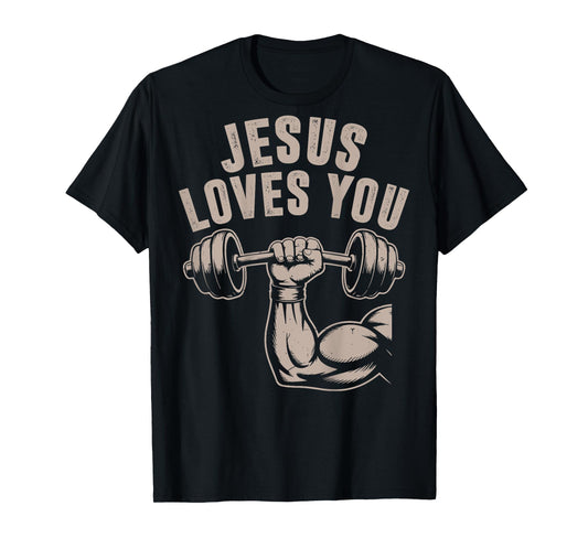 Jesus Loves You Funny Christian Workout Gym Barbell Cross T-Shirt