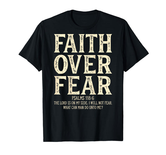 Vintage Retro by 4Do Limited Unisex Adult T-Shirt - Black - Small - Short Sleeve - Letter Print - Religion - Vintage - Multi-age, Multi-gender - Faith Over Fear Christian On Back