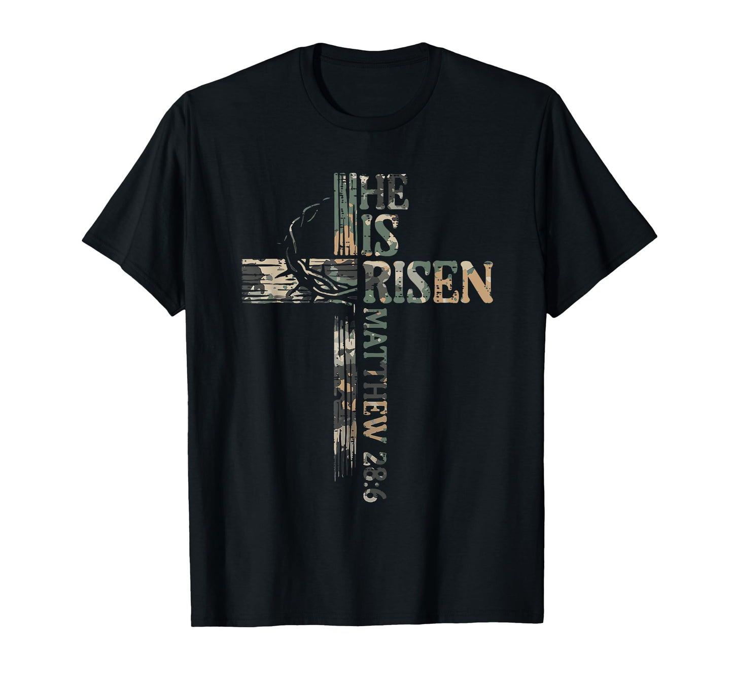 Vintage Camo Cross He Is Risen Jesus Christian Religious T-Shirt