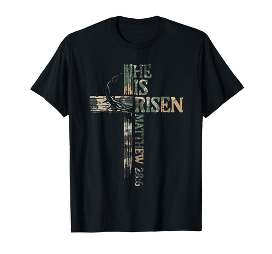Vintage Camo Cross He Is Risen Jesus Christian Religious T-Shirt