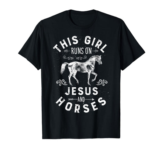 Vintage This Girl Runs On Jesus Shirt Horse Riding Racing T-Shirt