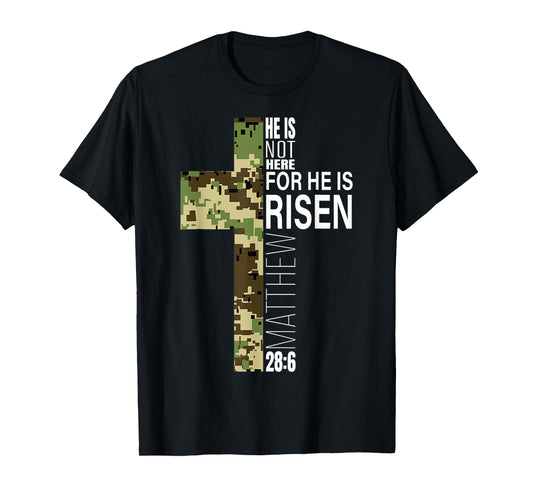 Cool He Is Risen Christian Easter Bible Verse Religious Camo T-Shirt