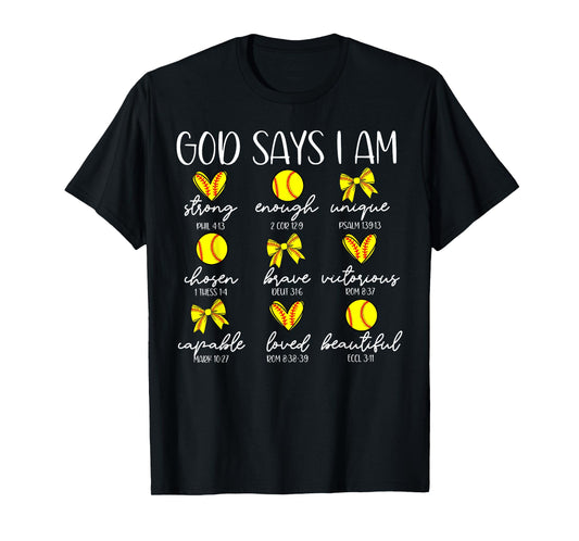 Coquette Bows God Say I Am Christian Softball Bible Verse T-Shirt