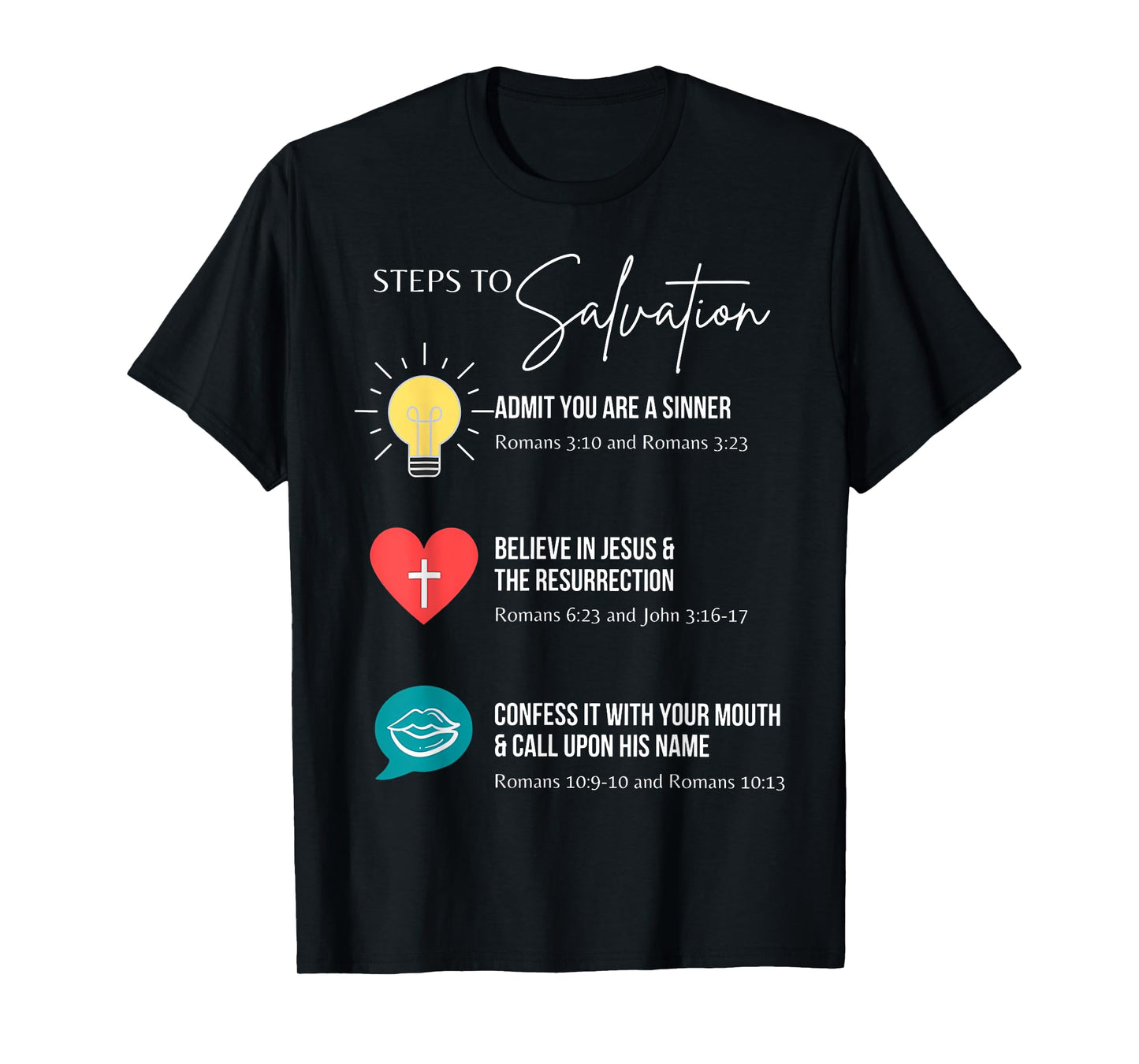 Steps To Salvation Romans 10;9 Thru 13 John 3 16 Christian T-Shirt