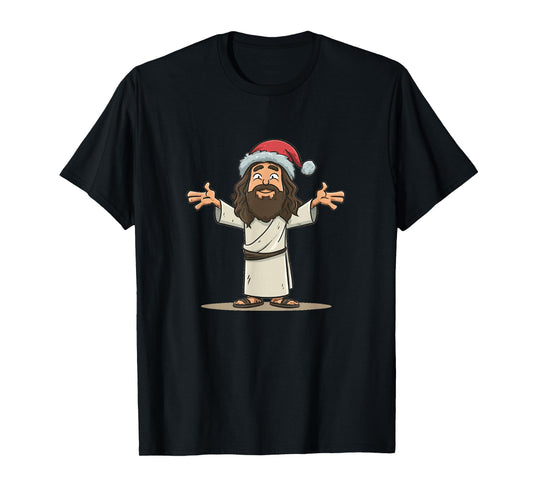 Great Cartoon Jesus with Festive Christmas Hat Costume T-Shirt
