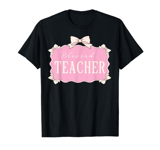 Blessed Teacher Pink Coquette Bow Christian Teacher T-Shirt