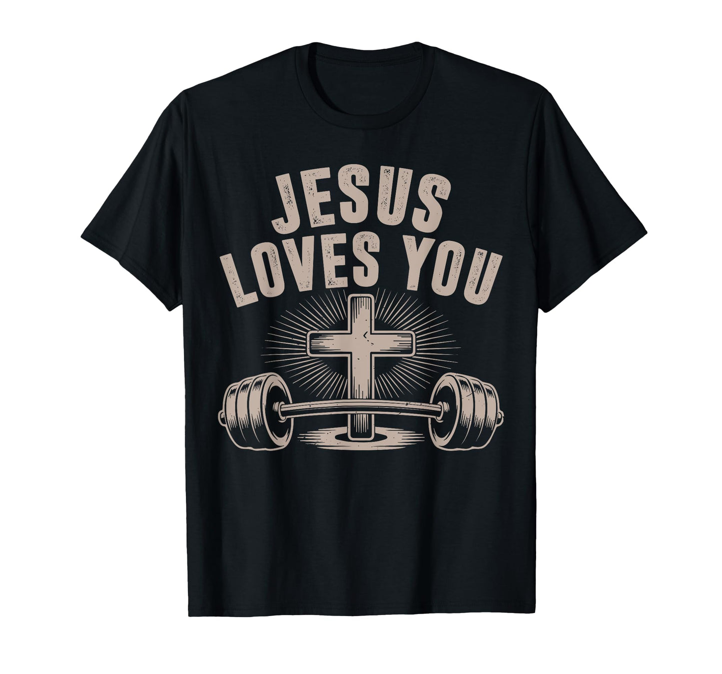 Jesus Loves You Funny Christian Workout Gym Barbell Cross T-Shirt