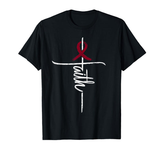 Faith Sickle Cell Anemia Awareness SCD Cross Ribbon Burgundy T-Shirt