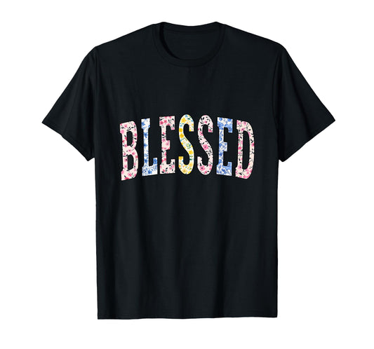 Blessed Varsity Floral Flowers Print Faith Christian Woman T-Shirt