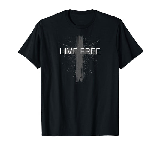 Live Free Text Christian, Patriotic Cross Flag Faith Freedom T-Shirt