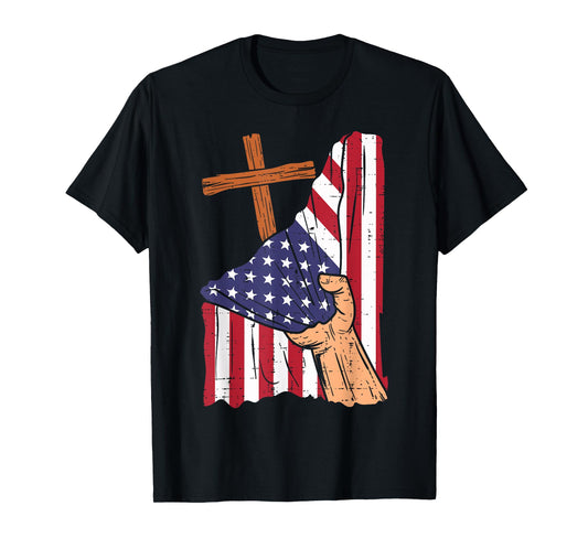 Cross Behind US Flag Religious God Jesus Patriotic Christian T-Shirt