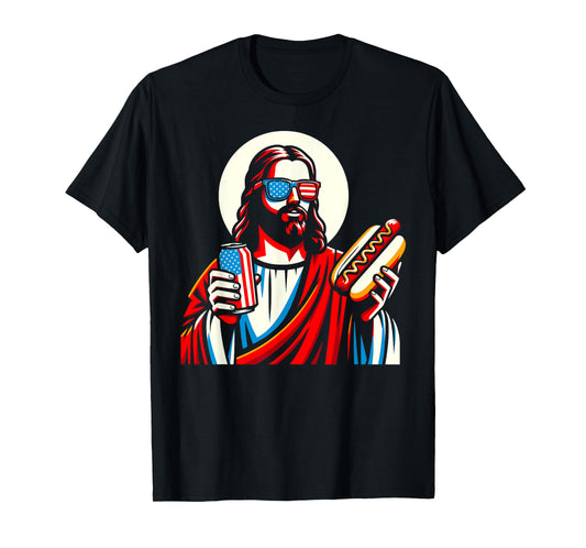 Funny Jesus USA American Christian Patriotic Beer Hotdog Women Men T-Shirt