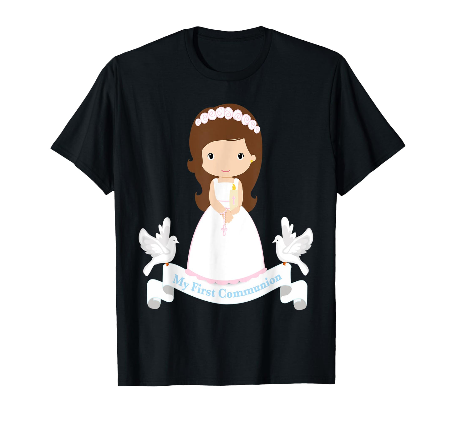 First Communion Shirt Kids Rosary Girls Daughter Brown Hair T-Shirt