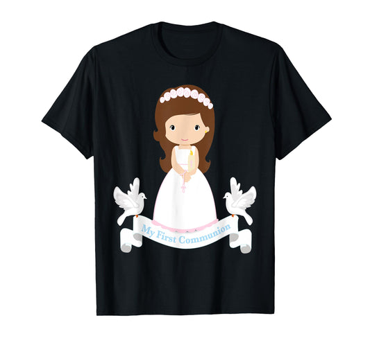 First Communion Shirt Kids Rosary Girls Daughter Brown Hair T-Shirt