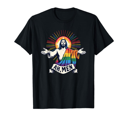 Ah Men Funny LGBT Gay Pride Jesus Rainbow Flag Christian T-Shirt