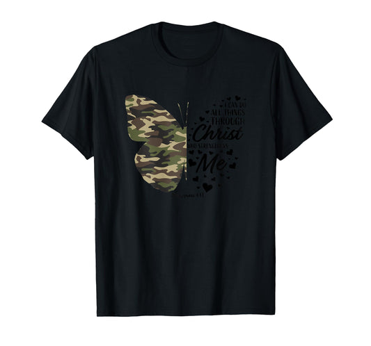 Cute Green Military Camo Butterfly Christian Religious Verse T-Shirt