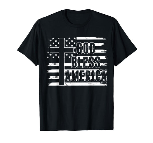 Cross God Bless America Patriotic Flag USA Christian Men Dad T-Shirt