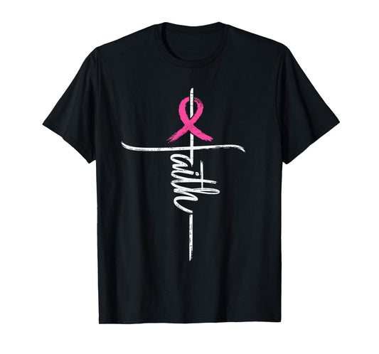Faith Breast Cancer Awareness Cross Christian Pink Ribbon T-Shirt